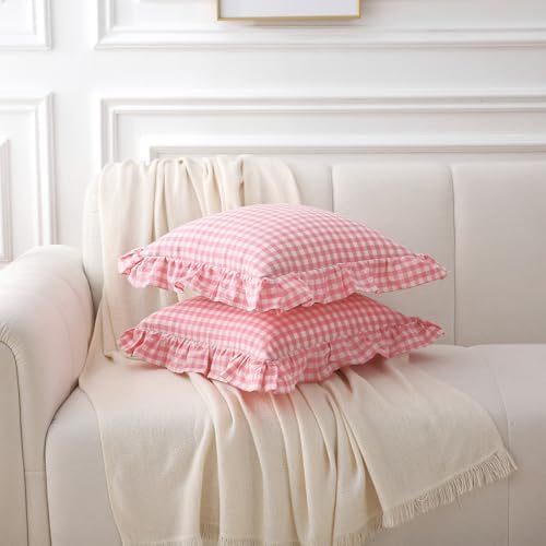 2 Pack Coral Pink Gingham Ruffle Throw Pillow Covers 18''x18'' - Image 3