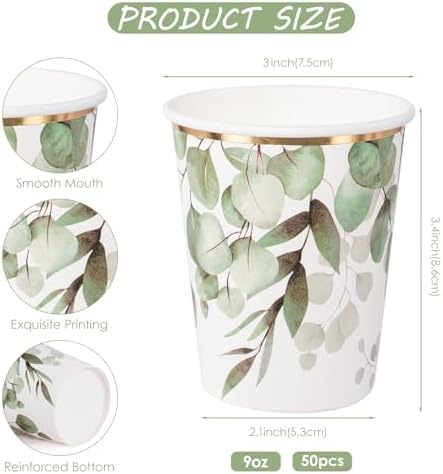 WRAPAHOLIC 50 Pcs Greenery Paper Cups - 9 oz Eucalyptus Disposable Cups - Image 2