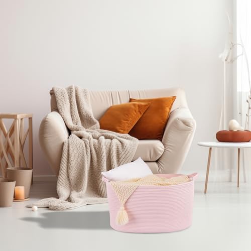 XUANGUO Large Rectangle Woven Cotton Rope Blanket Basket 22"x17"x12" Pink - Image 5