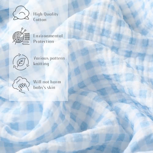 Breling 2 Pcs Muslin Blue and Blue Gingham Crib Sheets - Image 3