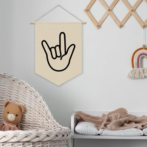 Kids Room Decor, Boy Nursery Linen Canvas Banner, I Love You Hand Sign Neutral - Image 6