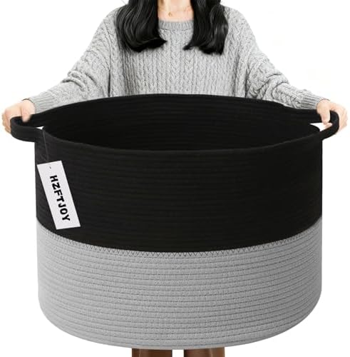 90L Large Blanket Basket, Woven Laundry Basket-Black&Light Grey by HZFTJOY