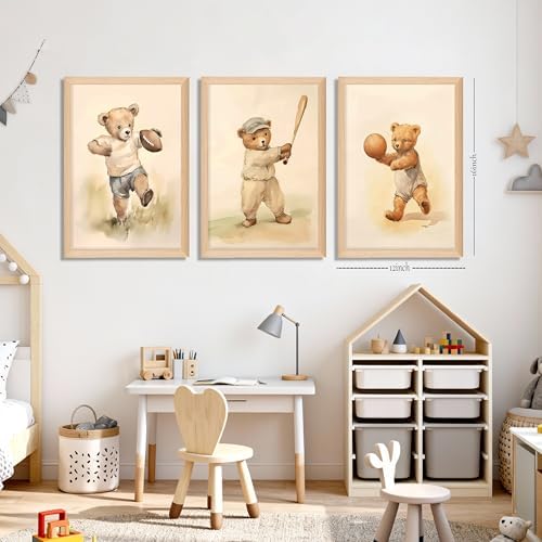 Framed Bear Wall Art Nursery Decor Set of 3, Cute Vintage Baby Bear Sports - Image 3