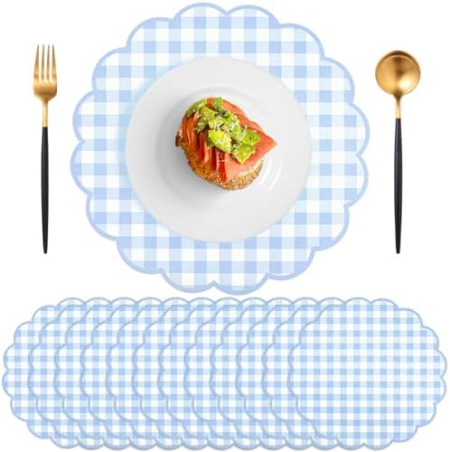 60 Pcs Blue Gingham Paper Placemats, Scalloped Blue Checkered Place Mat by NatNarr