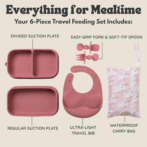 Baby Travel Feeding Set with Silicone Suction Plates, Dark Pink Small - Image 3