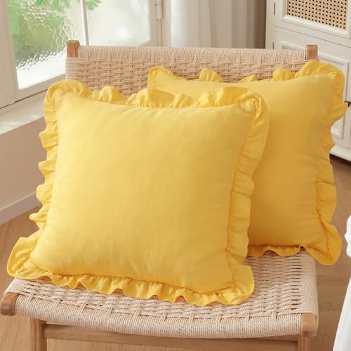 Set of 2 Yellow Ruffled Pillow Covers 18x18 Inch, Solid Color Decorative Throw by HOSTECCO