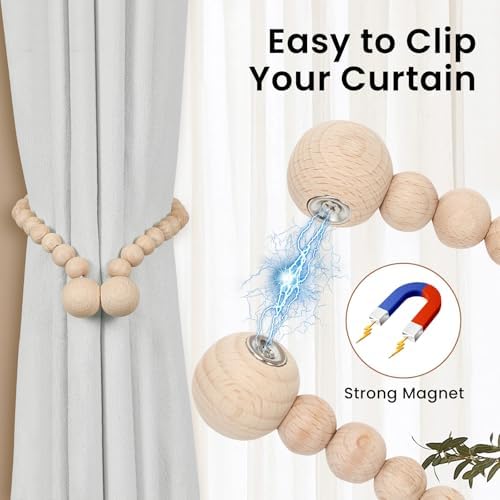 KLOGTSIND Magnetic Curtain Tiebacks, 2 Pack Wood Bead Curtain Holdbacks - Image 2