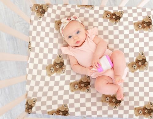 Fitted Baby Neutral Pack N Play Sheets Mini Crib Sheets Bear and Buffalo Check - Image 3