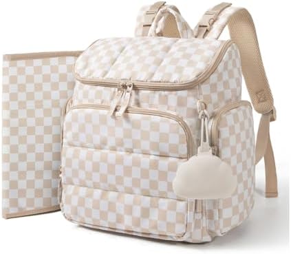 mommore Diaper Bag Backpack, Baby Bag, Diaper Backpack, Checkered Khaki by mommore