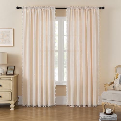 MitoVilla Cream Boho Linen Bedroom Curtains 84 Inch Length 2 Panels Set by MitoVilla