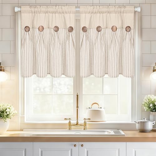 ASPMIZ Linen Kitchen Curtains 24 Inch Length, Farmhouse Boho Button Kitchen - Image 2
