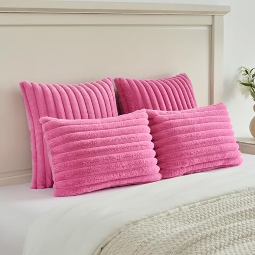 FUTEI Pack of 2 Faux Fur Throw Pillow Covers 22x22 Inch, Hot Pink - Image 5