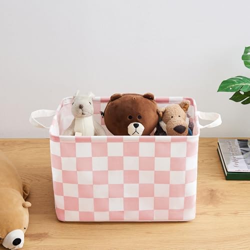 Ohocut Pink White Checkered Canvas Basket, Rectangular Organizing Decorative - Image 4