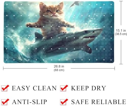 Shower Mat Non Slip 26.8 x 15.1 Inches, Funny Cat Riding Shark Ocean Bathtub - Image 4