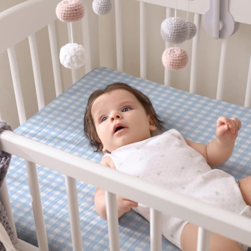 Breling 2 Pcs Muslin Blue and Blue Gingham Crib Sheets - Image 5