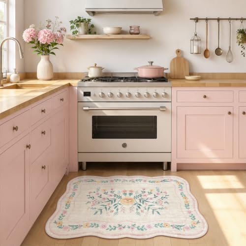 Scalloped Door Mat 2x3 Small Pink Floral Washable Entryway Rug - Image 3