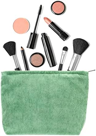 Flat Makeup Bag for Women, Zipper Cosmetic Pouch for Purse, Corduroy Green - Image 4