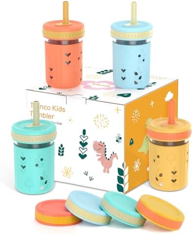 Tronco 8 oz Glass Sippy Cup for Toddlers, Kids Mason Jar Smoothie Cup by Tronco