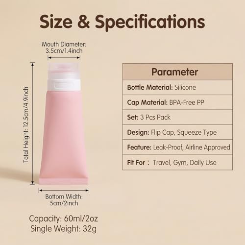 3PCS 60ml/2oz Empty Refillable Pink Soft Silicon Squeeze Tube Portable Travel - Image 2