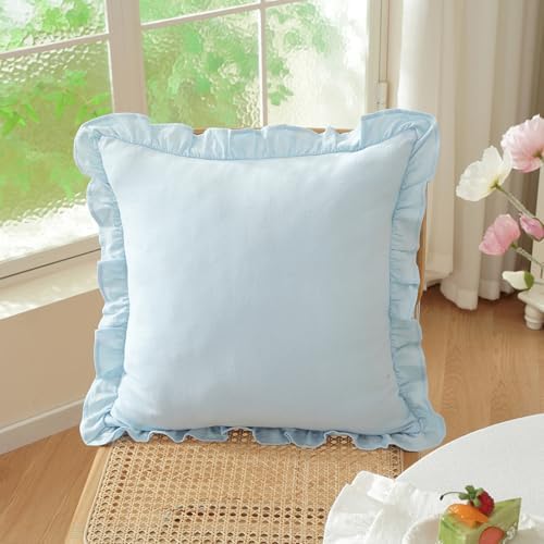 Set of 2 Light Blue Ruffle Throw Pillow Covers 18x18 Inch, Solid Color Pillow - Image 2