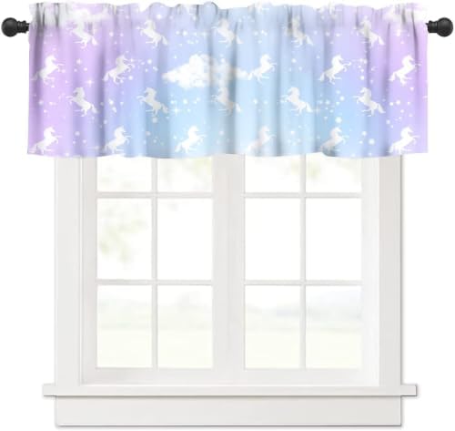 Fantasy Unicorn Girls Valance, Pastel Purple Blue Sky Stars Cartoon Cute by JanJCurt