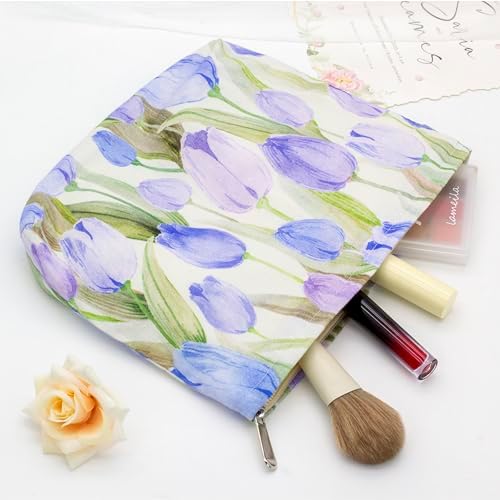 Flat Makeup Bag for Women, Zipper Cosmetic Pouch for Purse, Tulip Purple - Image 3