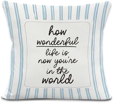 Blue Striped Nursery Throw Pillow Cover, Kids Room Decor, How Wonderful Life is by LRyeisahh