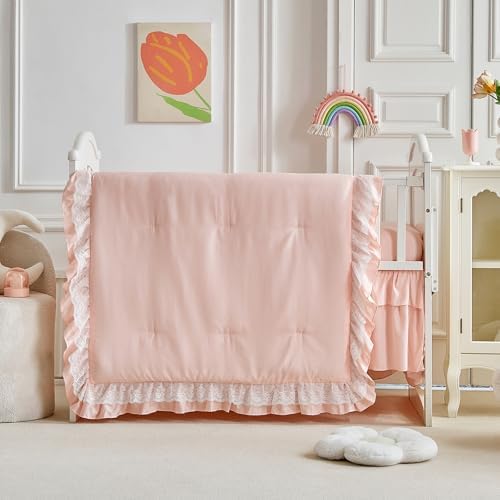 Lace Ruffle Crib Bedding Set 3 Pieces Baby Boho Lace Quilted Comforter by Uozzi+Bedding
