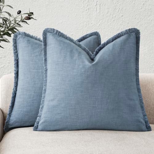 Foindtower Decorative Linen Fringe Throw Pillow Covers 18×18 Misty Blue by Foindtower