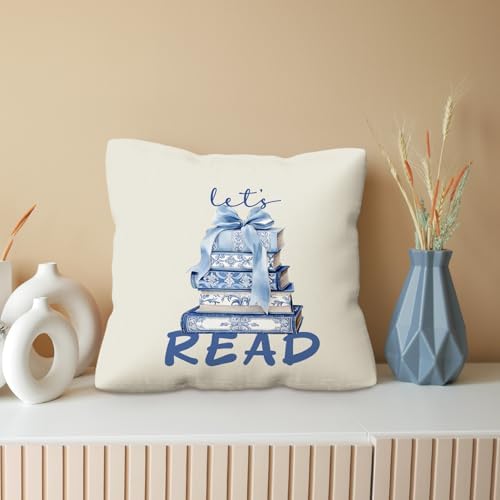 kdqua Blue Chinoiserie Floral Book Pillow Cover 18x18, Book Lovers Reader Gifts - Image 4