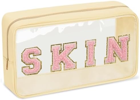 Iqimott Clear Patch Makeup Bag Skin Pouch, Preppy Personalized Chenille Letter by Iqimott