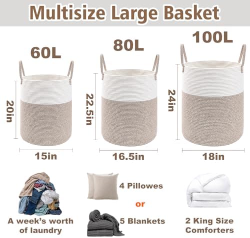 JMvicyroam 80L Cotton Rope Laundry Basket Hamper - Image 3