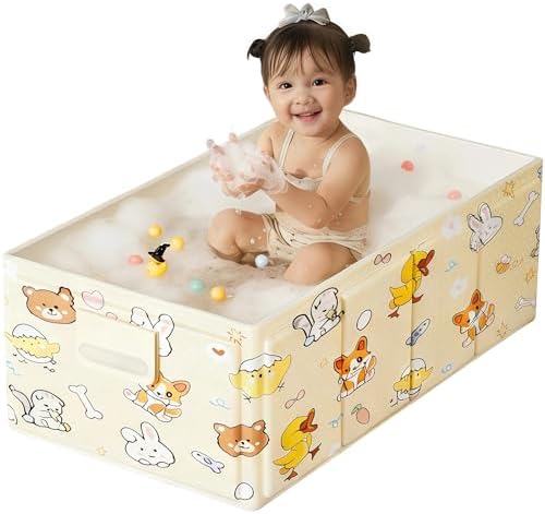 Foldable Baby Bathtub with Cute Animal Print, Portable Infant Bath Tub by ROUSKY
