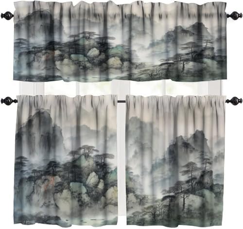 Forest Valance Curtain for Kitchen, Watercolor Japan China Style Nature by LOMADIA