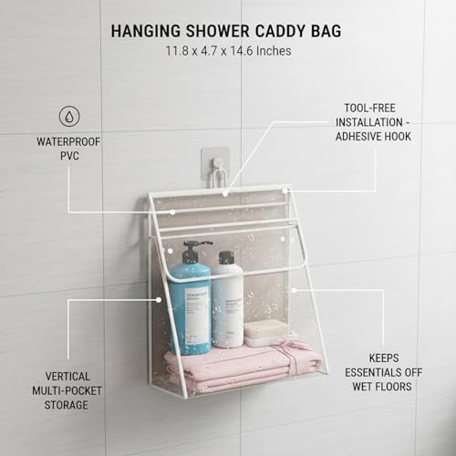 No-Drill Hanging Shower Caddy, PVC Toiletry Bag - Image 4