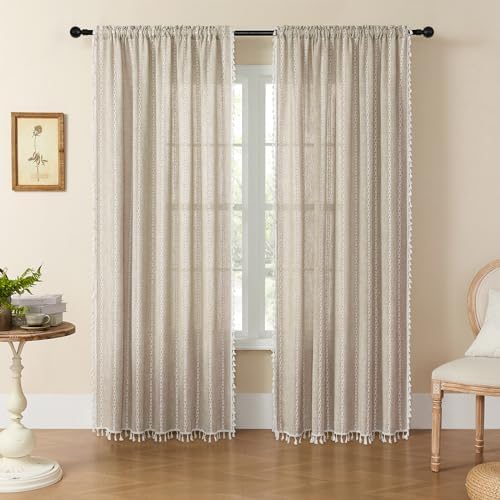 MitoVilla Taupe Boho Linen Bedroom Curtains 84 Inch Length 2 Panels Set by MitoVilla