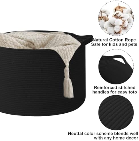 90L Extra Large Blanket Basket, Woven Rope Laundry Basket-Black - Image 3