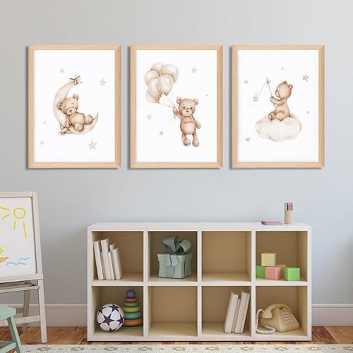 Framed Teddy Bear Wall Art Nursery Decor Set of 3, Bear Sleeping on The Moon - Image 4