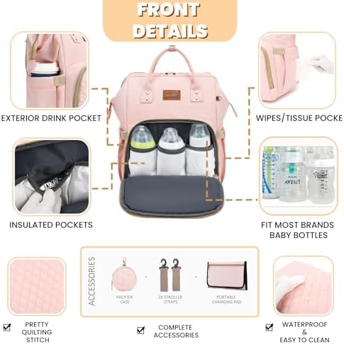 ROSEGIN Pink Diaper Bag Backpack - Image 3