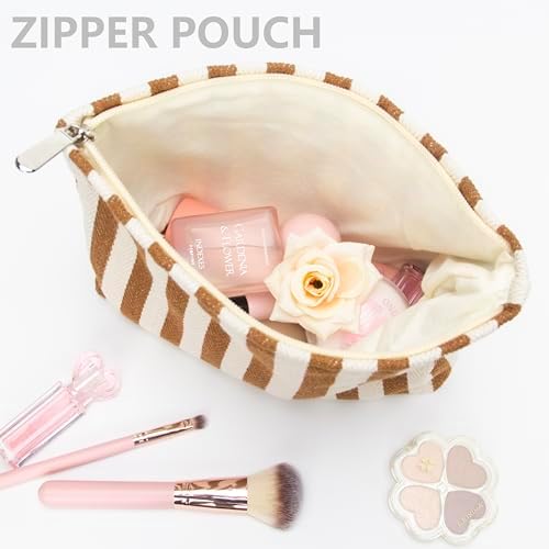 Flat Makeup Bag for Women, Zipper Cosmetic Pouch for Purse, Stripe Coffee - Image 3