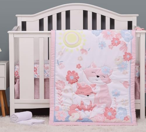 Animals 3pcs Baby Crib Bedding Set Pink Nursery Bedding Set - Image 3