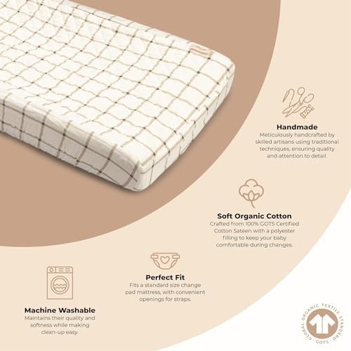 Crane Baby 100% Organic Cotton Change Pad Cover, Neutral Check Pattern - Image 2