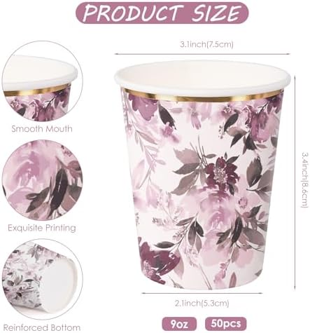 WRAPAHOLIC 50 Pcs Floral Paper Cups - 9 oz Purple Flower Disposable Cups - Image 2