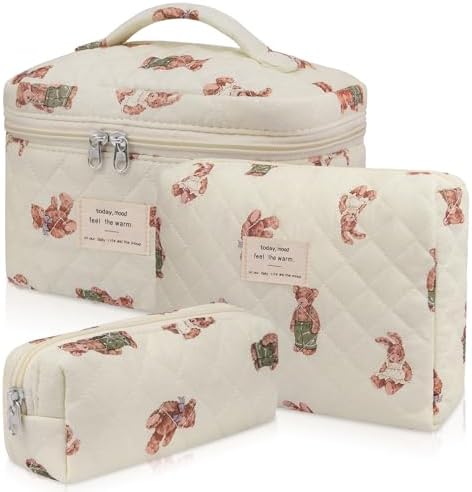 Gosect 3pc Makeup Bag Set, Quilted Makeup Bag Set, Large Floral Cosmetic Bag by Gosect