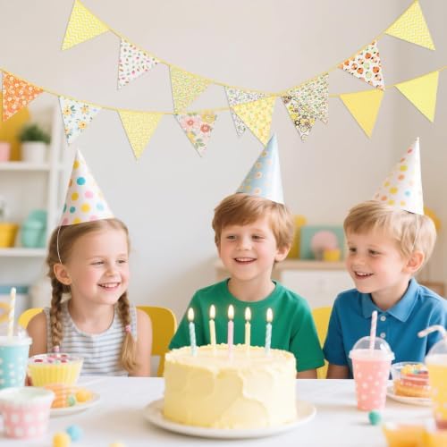 G2PLUS 10.8Ft Cotton Triangle Bunting Banner – 12pcs Yellow Floral Fabric - Image 6
