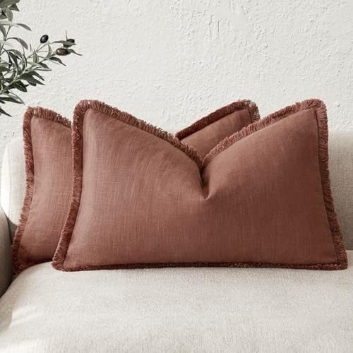 Foindtower Boho Linen Fringe Lumbar Throw Pillow Covers 12×24 Rust Red by Foindtower
