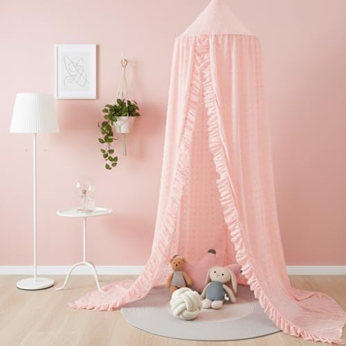 Mengesi Bed Canopy with Pom Pom- Lace Chiffon Canopy Bed Curtains, Ruffles - Image 4