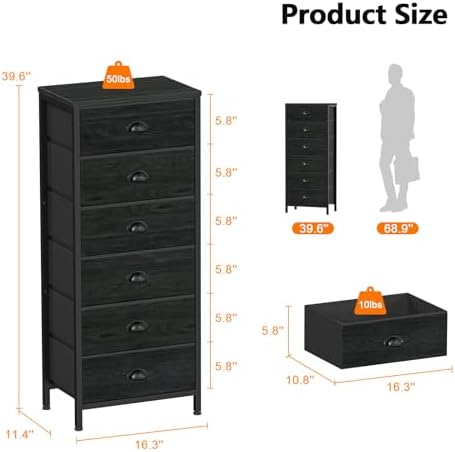 Furnulem Black Dresser for Bedroom, Tall Fabric Chest of Drawers - Image 3
