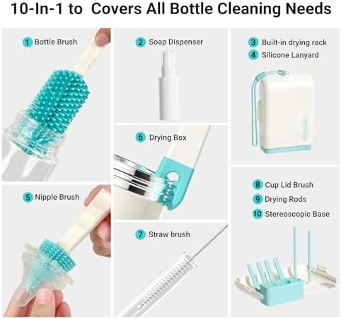 Aynmer Baby Bottle Brush Cleaner Set - 10 In 1 Travel Bottle Cleaning Brush Kit - Image 2