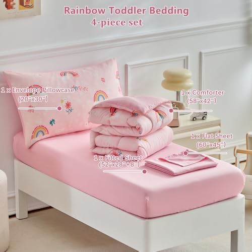 DuShow Pink Rainbow Toddler Bedding Set, 4 Piece Baby Crib Bedding Comforter - Image 5